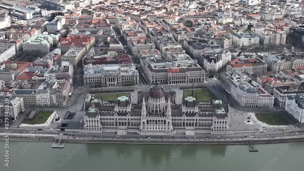 Canvas Prints beautiful drone footage of hungary parliament in budapest. danube river in background. downtown in b