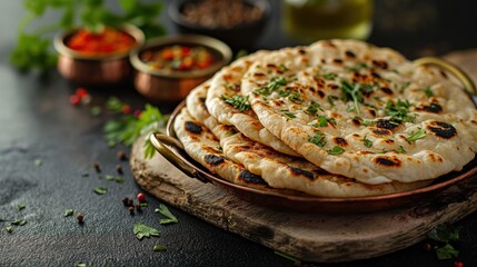 A close-up of freshly made naan bread garnished with herbs, served on a rustic wooden board with small bowls of spices and herbs in the background
