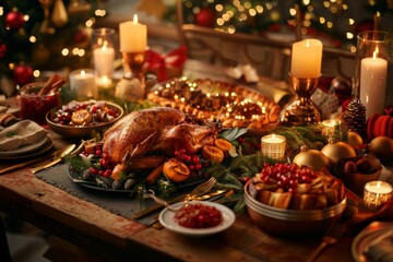 A warm and inviting Christmas dinner table setting with a roasted turkey, cranberry sauce, and other festive dishes. Candles illuminate the table, creating a cozy atmosphere