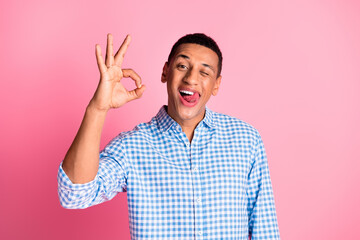 Photo of cheerful positive guy dressed checkered shirt winking stick out showing okey isolated pink color background