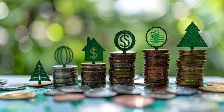 Finance program for sustainable energy with green symbols on coin stacks. Concept Sustainable Energy Financing, Green Investment Program, Renewable Energy Funding, Eco-Friendly Finance Solutions