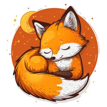 recommend clip art:  cute fox and crescent moon logo sticker, Sticker, outline, vector, night, simple, orange, white, kawaii
