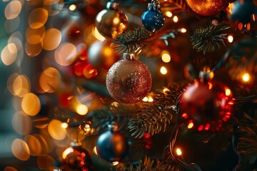 Obraz premium A close-up shot of a Christmas tree adorned with colorful ornaments, twinkling lights, and a warm, festive glow