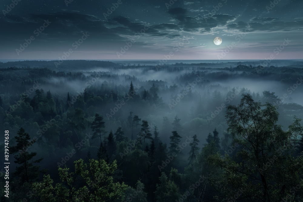 Poster an aerial view of a dark forest clearing under a moonlit sky. wisps of fog create a mysterious atmos
