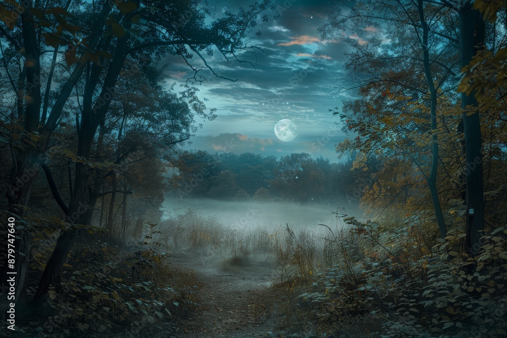 Poster a high-angle view of a mysterious forest clearing under a full moon. fog rolls through the trees, ca