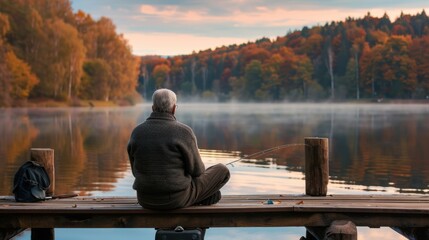 Tranquil Autumn Fishing Scene – Elderly Man on Wooden Dock Amidst Misty Lake and Colorful Fall Foliage