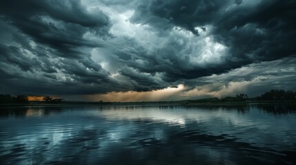 Fototapeta premium Black clouds gather over a tranquil river, their reflections creating a hauntingly beautiful scene on the water's surface.