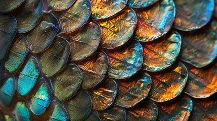 Fototapeta premium Iridescent fish scale in detail, its cool, slippery texture shimmering under the light, a marvel of marine biology