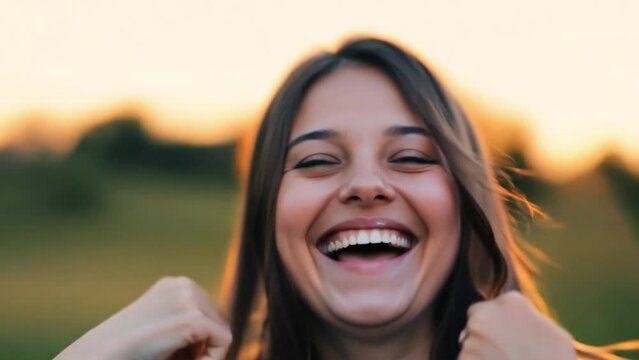 Laugh A young woman holding her hands over her face