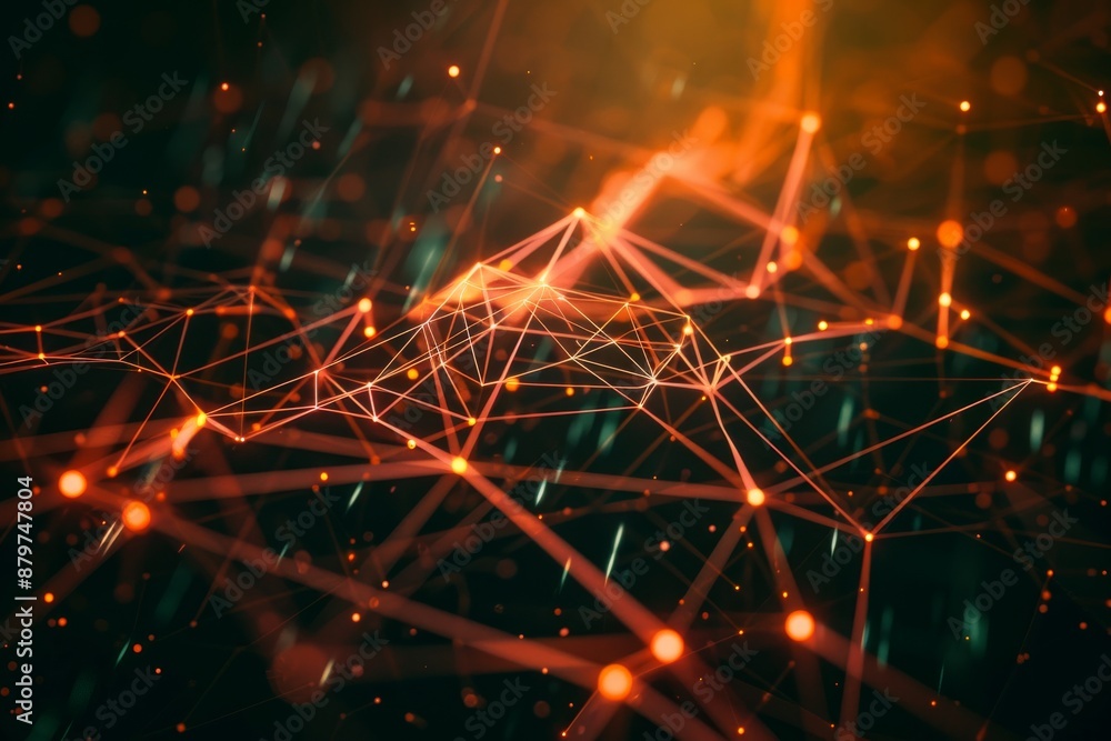 Poster an abstract digital network visualization featuring interconnected nodes and circuits with glowing l