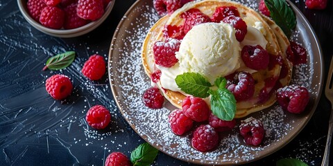 Top-down view of cottage cheese pancakes with raspberries ice cream and copy space. Concept Food Photography, Cottage Cheese Pancakes, Raspberries Ice Cream, Top-Down View, Copy Space
