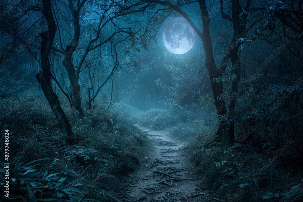Poster a low-angle view of a winding dirt path through a dense forest, shrouded in mist. the moon shines br