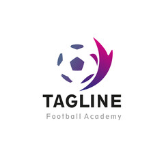 Stylized football, soccer ball and hop off bird, man. Logo of football school, academy, project