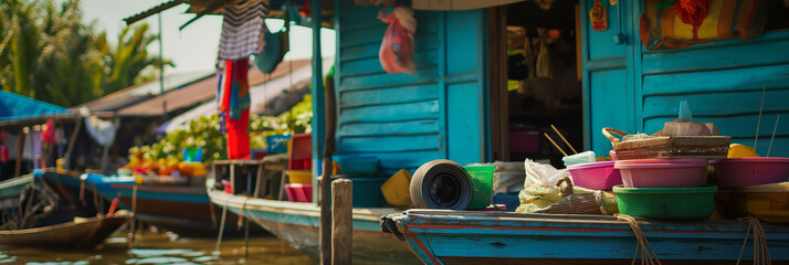 Fototapeta premium Vibrant Floating Market with Traditional Wooden Houses and Colorful Baskets