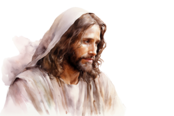 A serene watercolor painting of Jesus with a peaceful expression, featuring soft pastel hues and gentle brush strokes. Isolated on white background