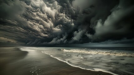 Black clouds roll in over a serene beach, the once clear sky now heavy with the promise of a storm.