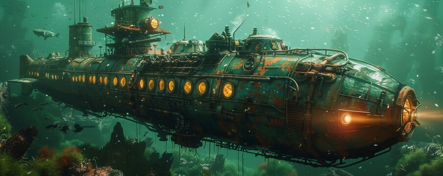 A steampunk submarine discovering an underwater alien civilization that has mastered underwater agriculture.