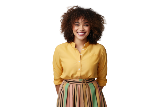 African American woman with beautiful curly hair, dressed in a fashionable top and skirt, standing with a joyful smile Isolated on white background