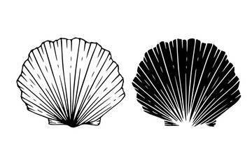 Line sketch, silhouette, seashell stamp. Vector graphics.