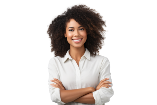 African American woman with natural curly hair, dressed in a casual yet stylish ensemble, standing with a confident expression Isolated on white background