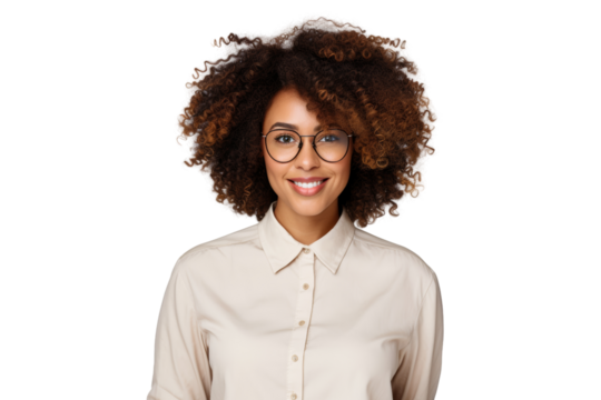 African American woman with natural curly hair, dressed in a casual yet stylish ensemble, standing with a confident expression Isolated on white background