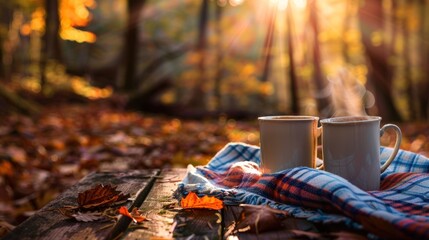 Two cups of coffee on a wooden table with a red and white plaid blanket. Generate AI image