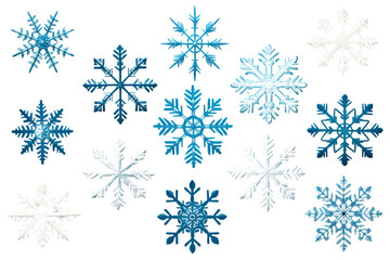 Assorted snowflake designs with detailed structures Isolated on white backgroun