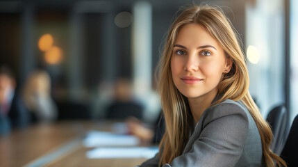 Fototapeta premium Businesswoman in a formal board meeting, highly professional photo picture with balanced lighting and detailed expressions, businesswoman, with copy space