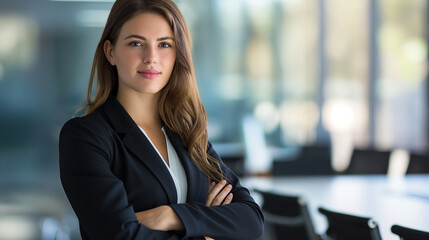 Businesswoman in a formal board meeting, highly professional photo picture with balanced lighting and detailed expressions, businesswoman, with copy space