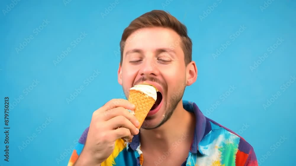Poster man enjoying ice cream cone on blue background generative ai