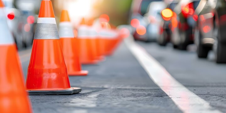 Traffic congestion during the day due to lane closure with traffic cones. Concept Heavy traffic, Lane closure, Traffic cones, Daytime congestion