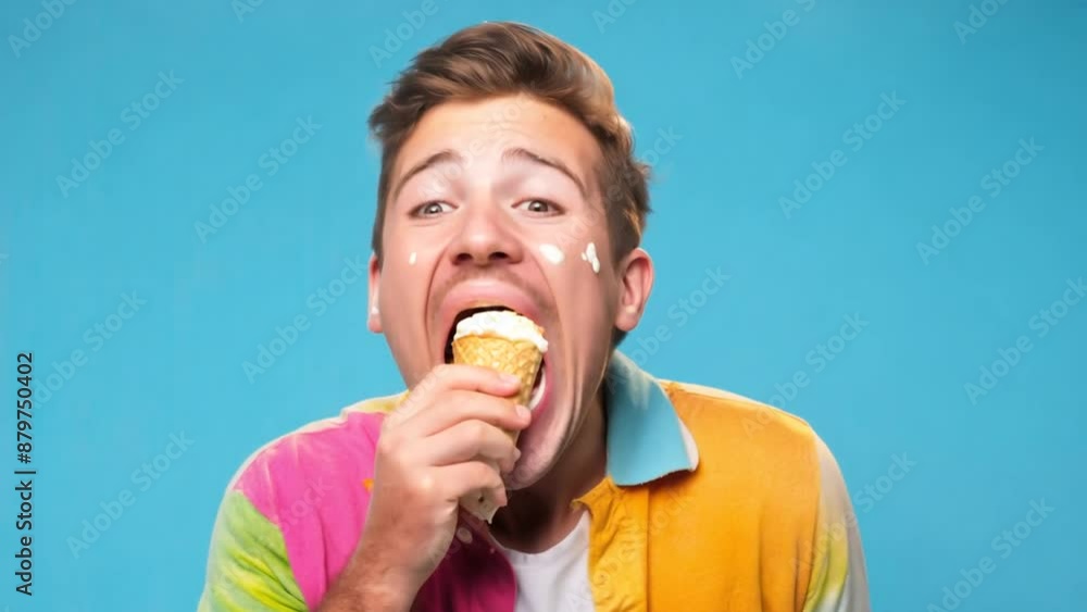 Poster man enjoying ice cream cone on blue background generative ai