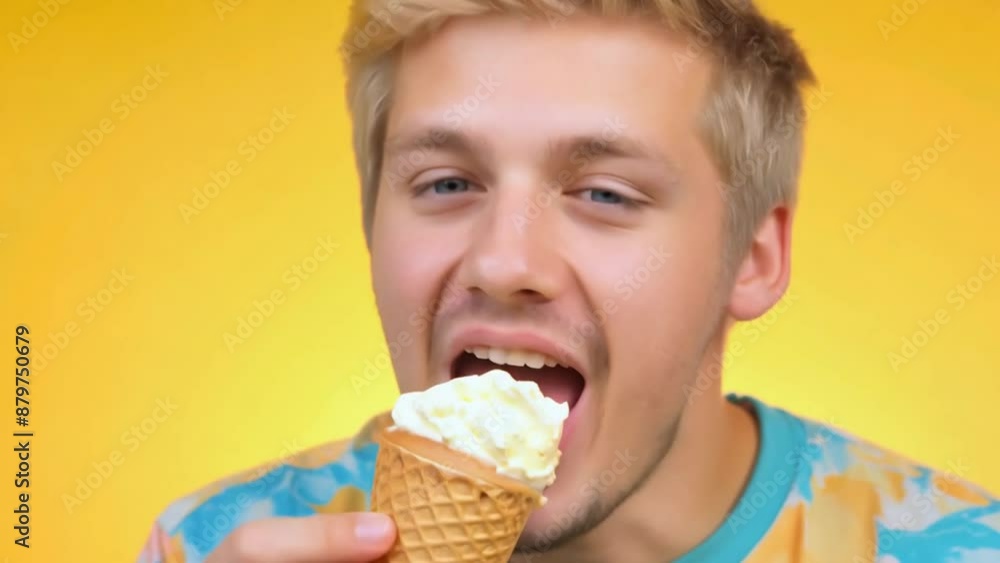 Poster man enjoying ice cream cone on a summer day generative ai