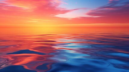 Fototapeta premium Reflective blue water surface at sunset, with vibrant hues of orange and pink blending into the water