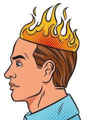 Head with fire pop art retro PNG illustration. Comic book style imitation.