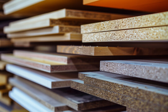 various melamine-faced chipboards used in furniture manufacturing, showcasing their smooth finishes and design flexibility. Great for furniture design studios, manufacturing brochu