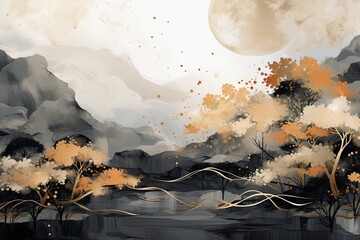mage a colorful wallpaper illustrating in the style of painting, dark gray and gold, editorial illustrations, whimsical abstract landscapes, illustrations, high resolution, light gold and gray