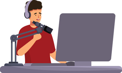 Radio host speaking into a microphone and recording a podcast