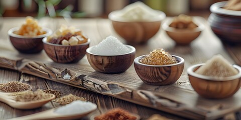 Exploring Natural Sugar Substitutes Health Benefits and Origins on Wooden Table. Concept Natural Sweeteners, Health Benefits, Origins, Wooden Table Display, Sugar Substitutes