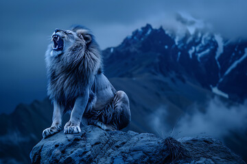 Obraz premium Lion sitting on a rock and roaring with a mountain range in the background