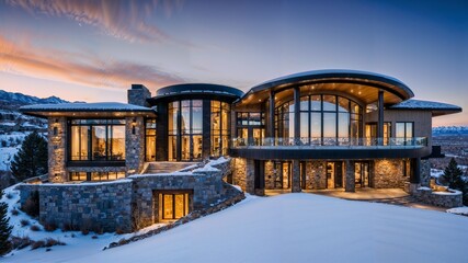 A modern and dreamy mansion in Park City, Utah, with snowy mountain views