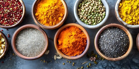 Overhead View of Various Bowls Filled with Superfoods such as Turmeric and Chia. Concept Food Photography, Healthy Eating, Superfoods, Overhead Shots, Colorful Bowls