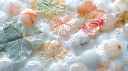 Pastel colored leaves and smooth white marbles arranged in a milky white background.