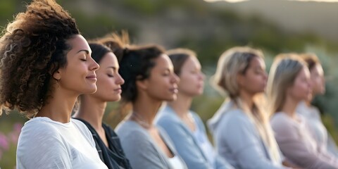 Obraz premium Women Practicing Mindfulness Outdoors in a Group. Concept Mindfulness, Women, Outdoors, Group, Practice