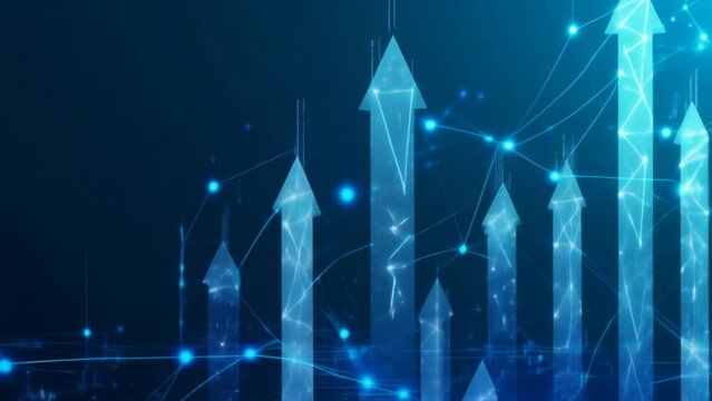 Abstract depiction of upward arrows and network nodes representing growth, innovation and data advancement.