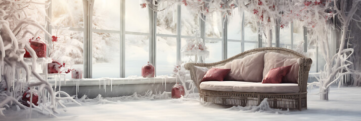 An elegant frozen living room with a couch and pink flowers in the snow