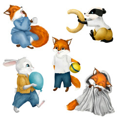 Set of cute animals: fox in pajamas and sleeping fox in a blanket. Badger and rabbit with a balloon. Little fox in pants with a ball. Watercolor illustration. Watercolor set on isolated background.
