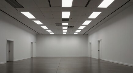 Obraz premium Empty modern white room with bright rectangular ceiling lights and dark floor, featuring multiple closed white doors, ideal for commercial interior design or event space concepts.