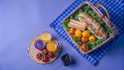 Basket with food. Picnic in summer with products, sandwich, salad, fruits, drink, apples, cherry on green grass texture background top view mockup