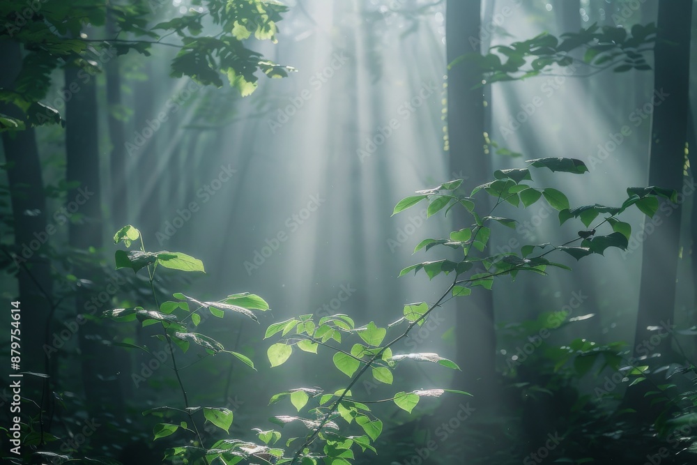 Poster sun rays pierce through dense forest foliage casting intricate shadows on the forest floor, creating